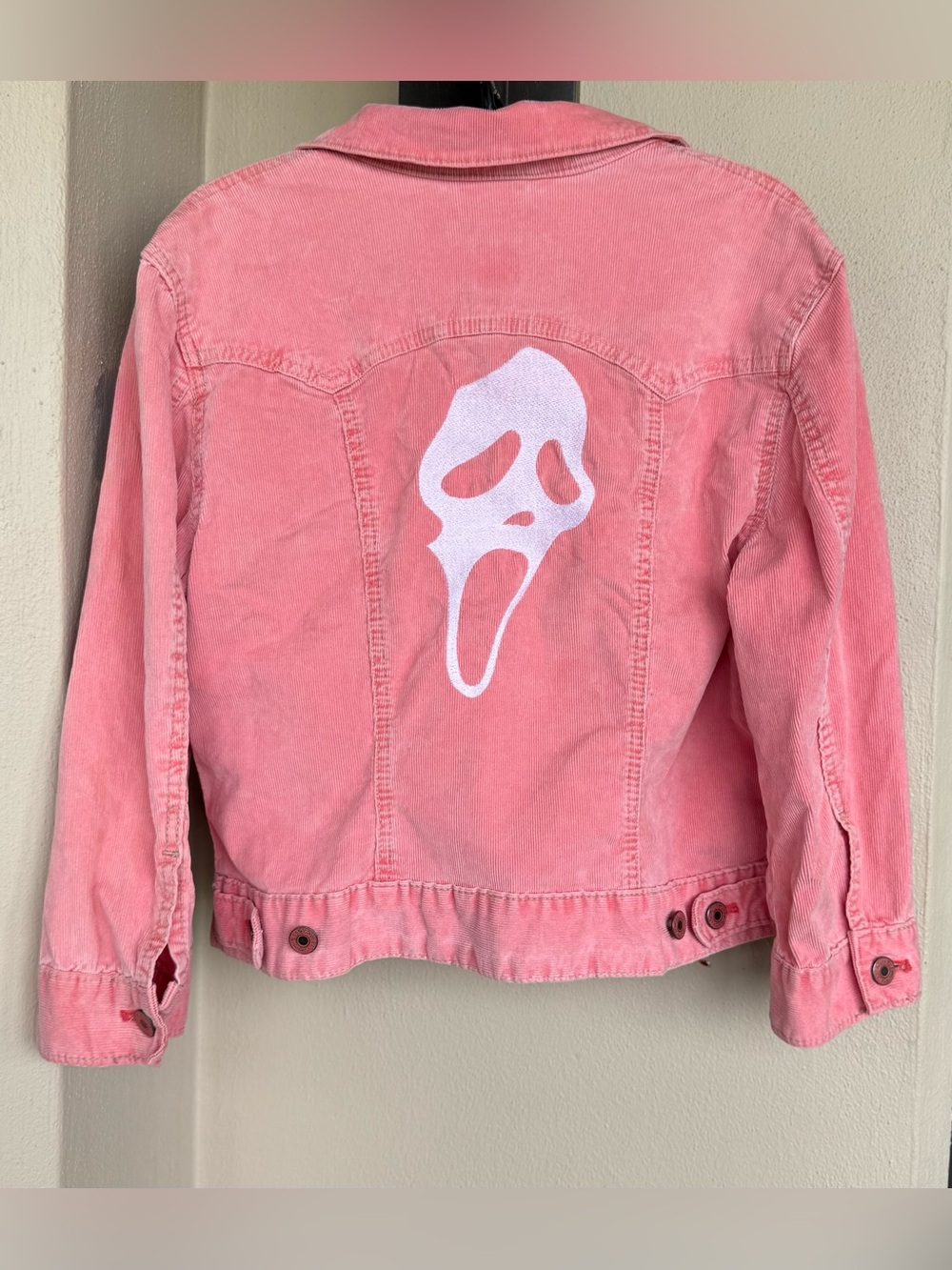 GAP Corduroy Cropped Coral Jacket Stretch Embroidered “Ghostface” On Back Medium